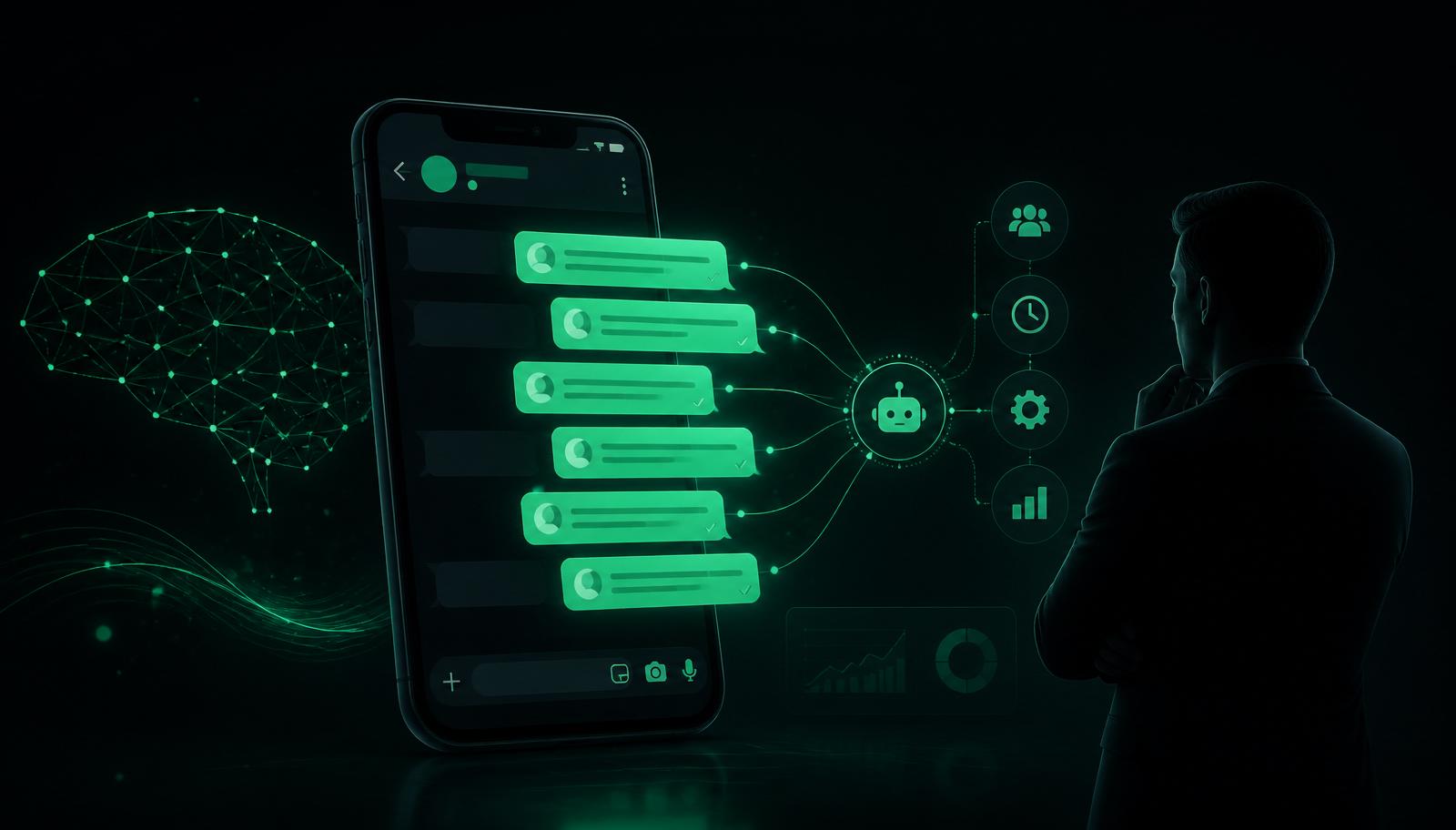 Empresário observando várias mensagens chegando em uma conversa de WhatsApp com elementos de Inteligência Artificial