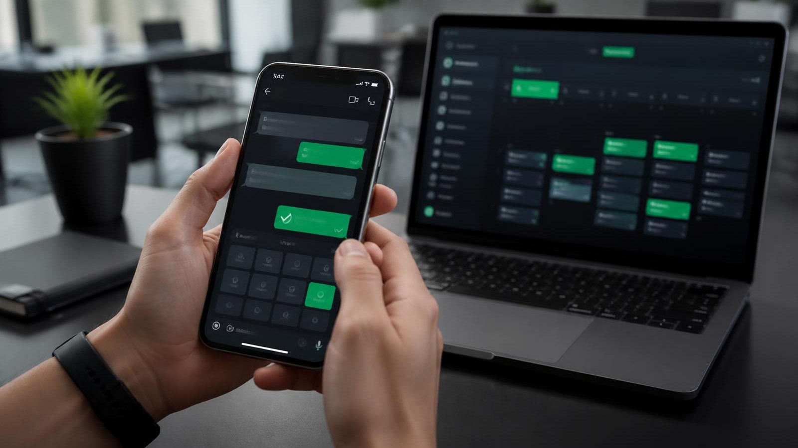 Cliente realizando um agendamento pelo WhatsApp no celular com uma agenda digital organizada no notebook ao fundo