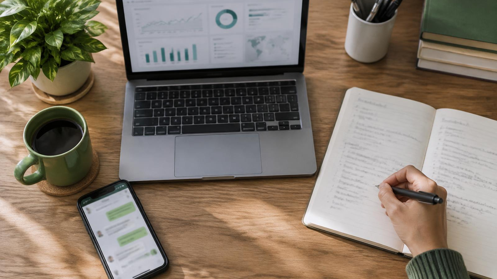 Mesa de trabalho com notebook, celular e caderno para analisar mensagens de anúncios e oportunidades de venda no WhatsApp.