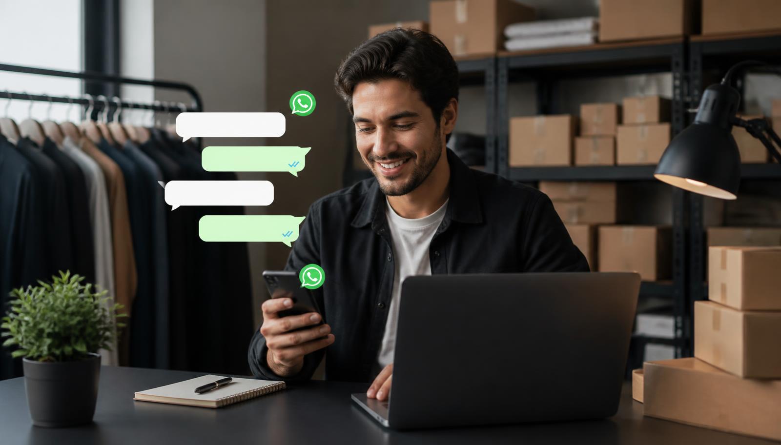 Proprietário de pequeno negócio atendendo clientes pelo WhatsApp