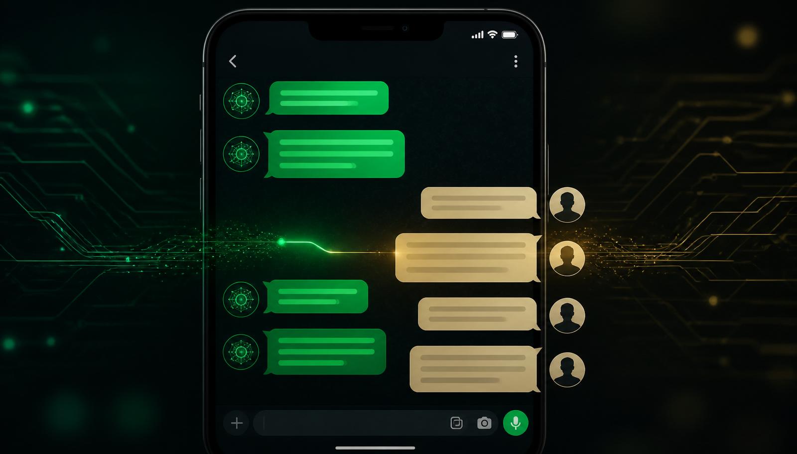 Ilustração representando a transição de um atendimento por IA para um atendente humano no WhatsApp
