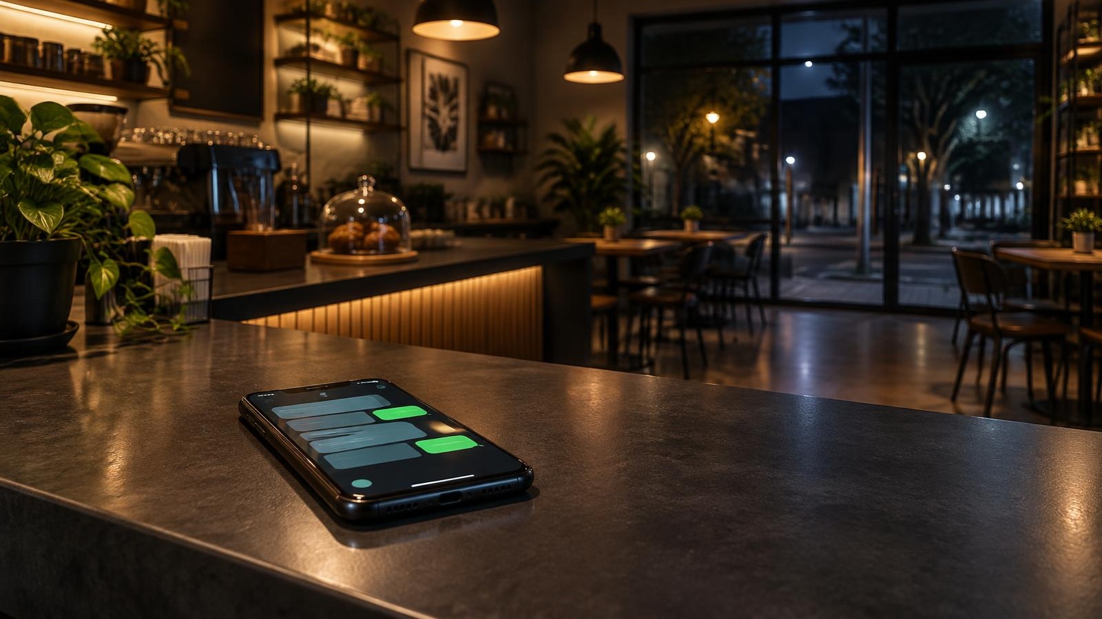 Smartphone sobre o balcão de um pequeno negócio à noite, mantendo o atendimento ativo depois do expediente
