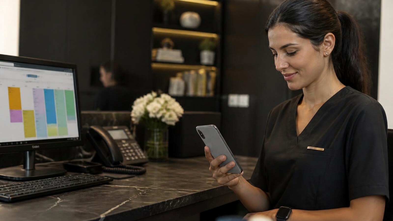 Recepcionista de clínica moderna organizando atendimentos pelo WhatsApp no celular, com uma agenda digital na tela ao fundo