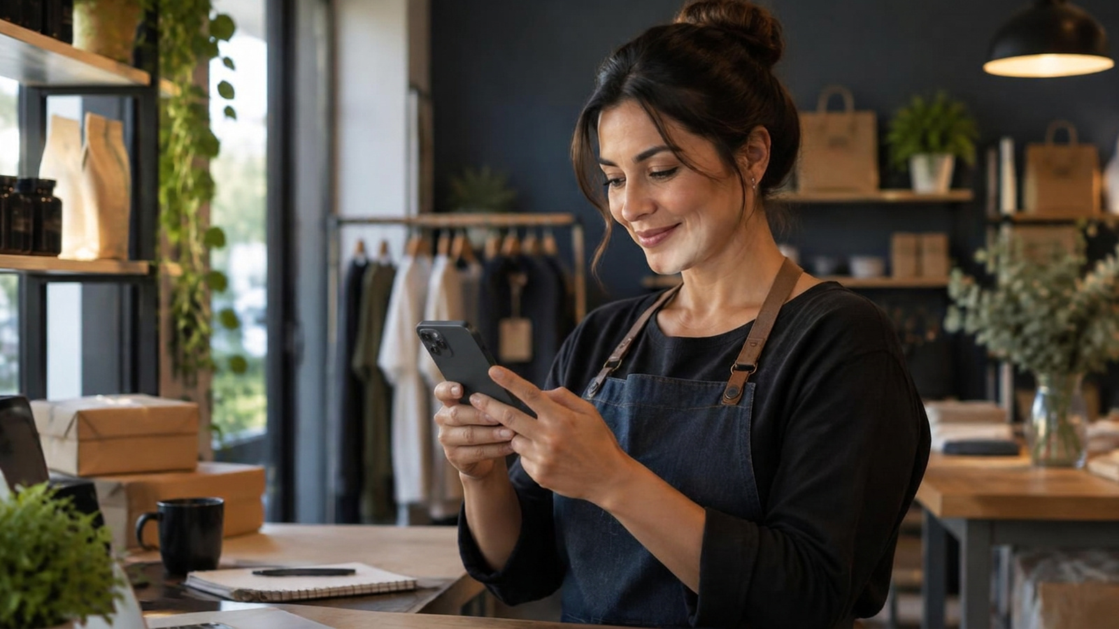 Pessoa responsável por um pequeno negócio usando o celular no ambiente de trabalho