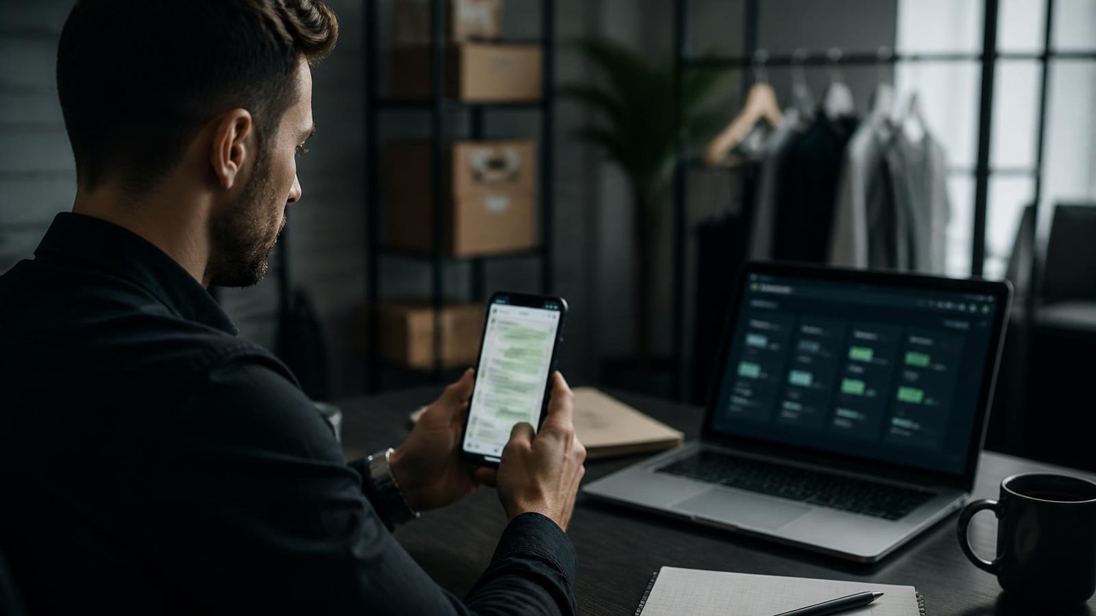 Pequeno empresário analisando o atendimento pelo WhatsApp no celular, com um notebook exibindo indicadores ao fundo